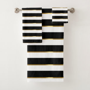  Elegant Stripe Black Gold White         Bath Towel Set