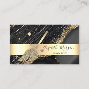 Elegant Stripe Black Marble Gold Sequins Broom Business Card