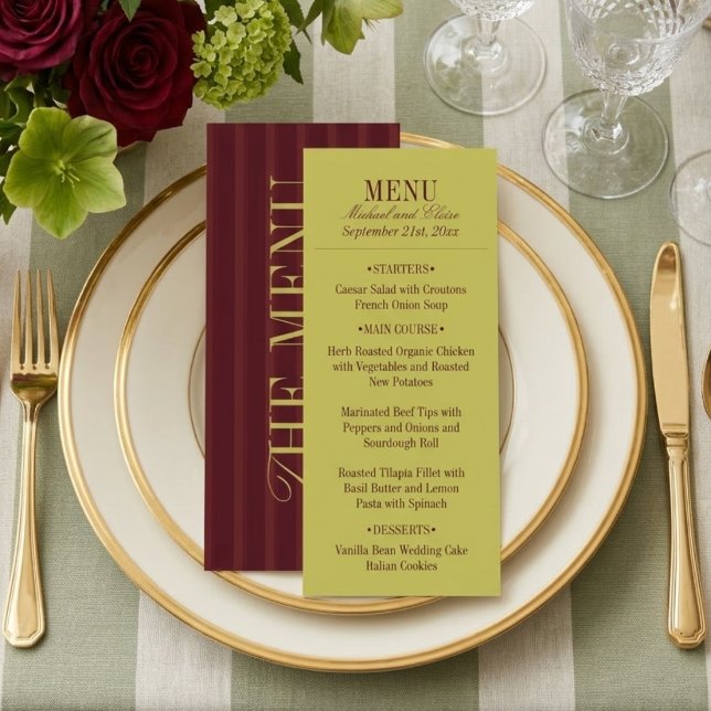 Elegant Stripe Chartreuse Burgundy Wedding Dinner Menu (Elegant Stripe Chartreuse Burgundy Wedding Dinner Menu)