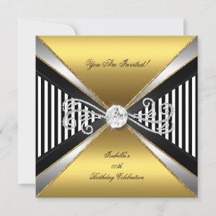 Elegant Stripe Gold Black White Silver Birthday Invitation