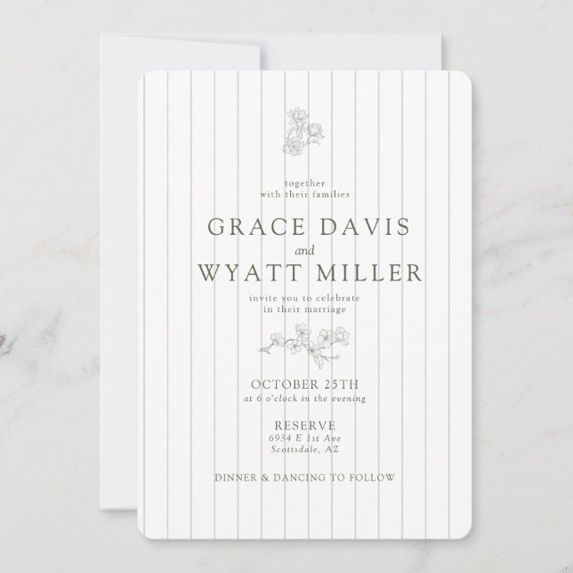 Elegant Stripe Vintage Classic Olive Green Wedding Invitation (Front)