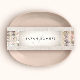 Elegant Striped Beige, FAUX Silver Sequin Monogram Mini Business Card