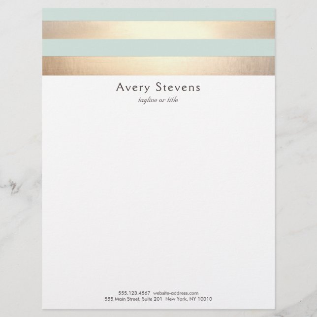 Elegant Striped FAUX Gold Foil Light Blue Letterhead (Front)