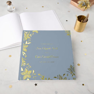 Elegant Striped Flower in Gold Foil on Dusty Blue Guest Book
