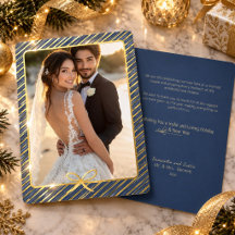 Elegant Striped Frame & Bow Newlywed Photo Gold