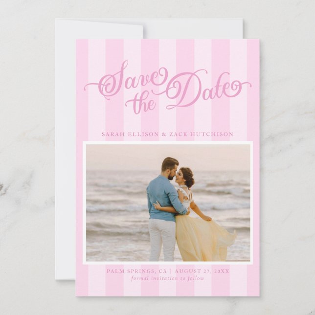 Elegant Striped Pastel Pink Script Save The Date (Front)