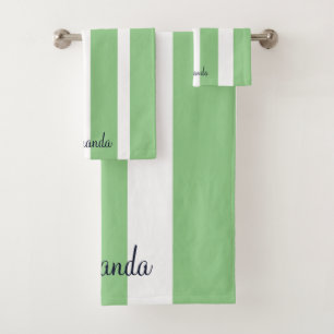 Elegant Striped Sage Green Monogrammed Bath Towel Set