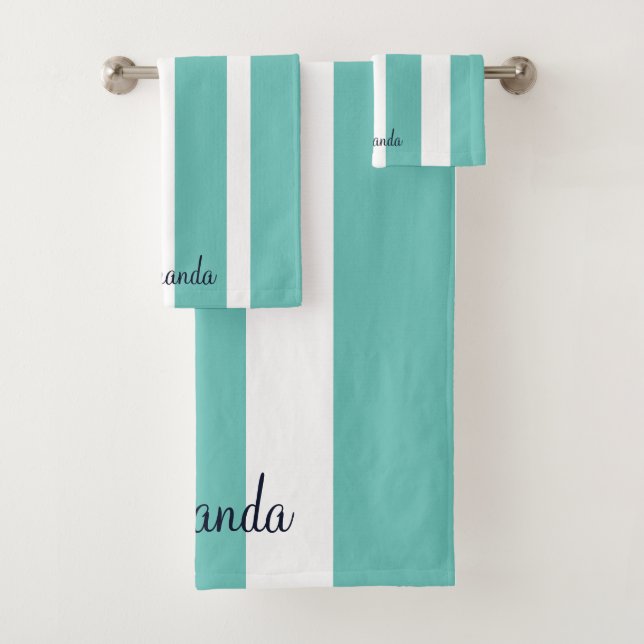 Elegant Striped Teal Monogrammed Bath Towel Set (Insitu)