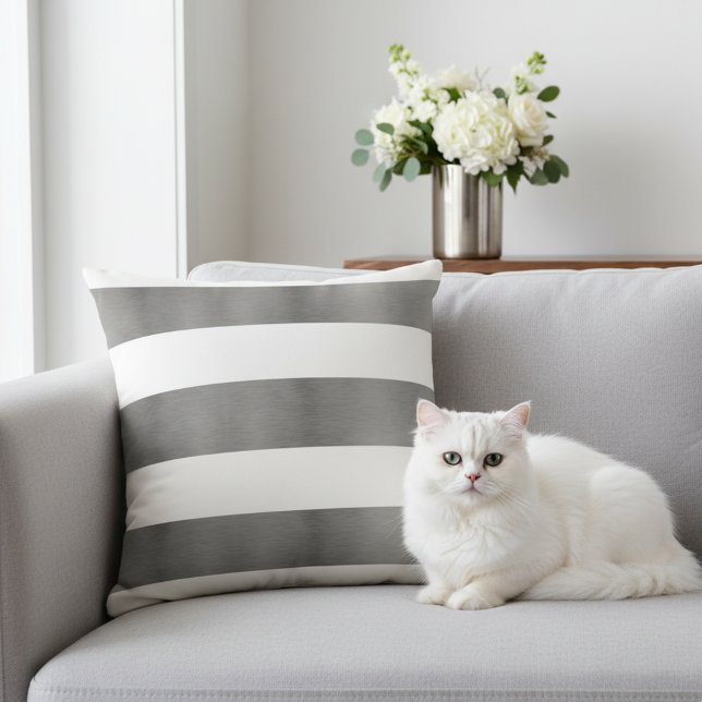 Elegant Striped White and Faux Metallic Silver Throw Pillow (Decorative white and silver gray throw pillow.)