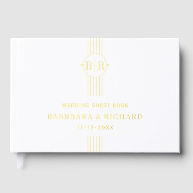 Elegant stripes and initials white wedding guest book (Front)