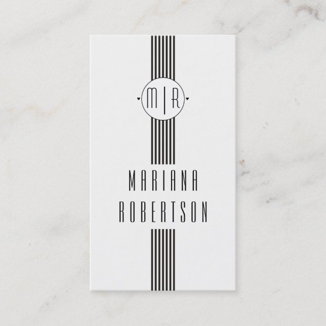 Elegant stripes and monogram black white business card (Front)