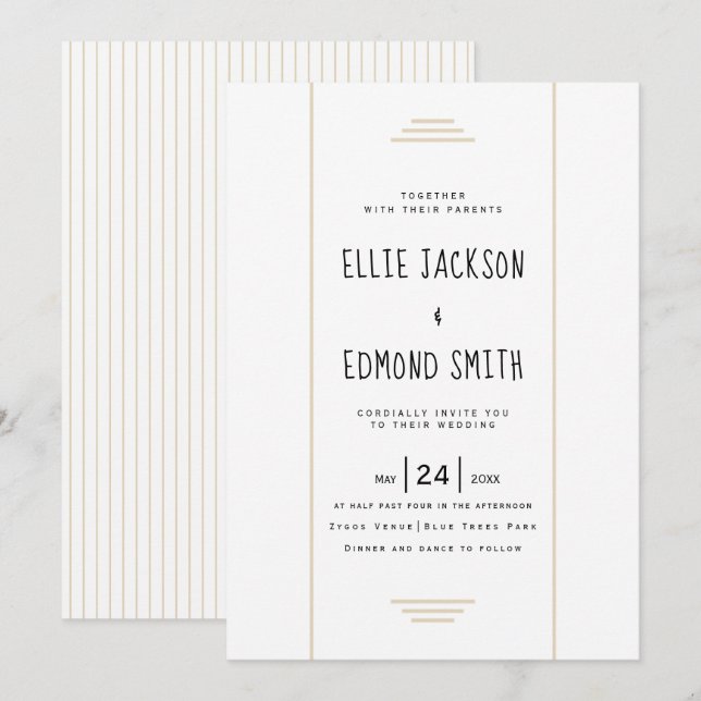 Elegant stripes beige simple wedding invitation (Front/Back)