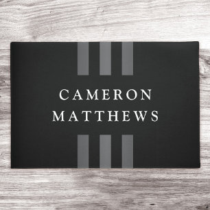 Elegant stripes black dark gray name or business doormat