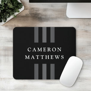 Elegant stripes black dark grey name or business mouse pad