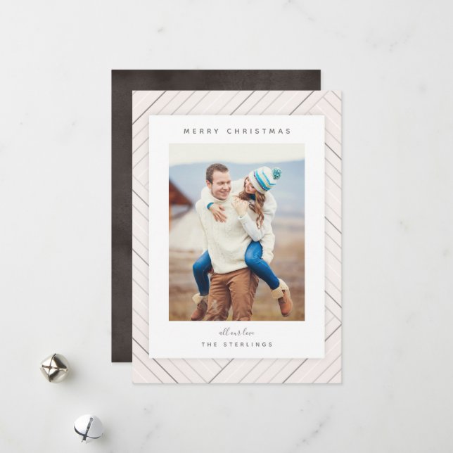 Elegant Stripes Grey Family Photo Holiday Card (Front/Back In Situ)
