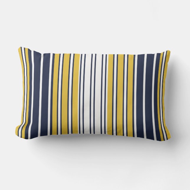 Elegant, stripes, navy blue, mustard yellow, white lumbar pillow (Front)