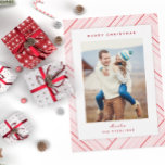 Elegant Stripes Red Family Photo Holiday Card<br><div class="desc">Elegant,  simple stripes in seasonal shades of peppermint red and crimson surround a family photo with personalized holiday greeting and name.</div>