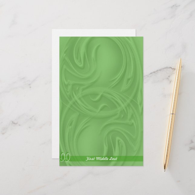 Elegant Strokes Over Green Abstract Personalized Stationery (Front/Back In Situ)