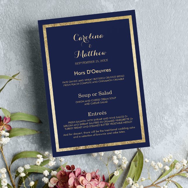 Elégant style marine bleu faux or Mariage Menu (Elegant stylish navy blue faux gold Wedding Menu)