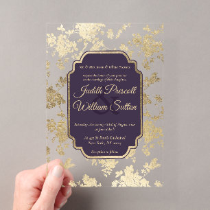 Elegant Style Tolopea Purple Gold Floral Wedding Acrylic Invitations