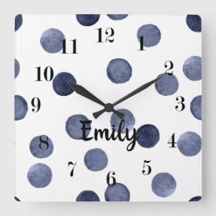 Elegant style, watercolor polka dot, blue and whit square wall clock