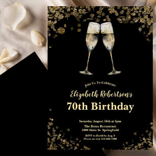 Elegant Stylish Black and Gold 70th Birthday Invitation