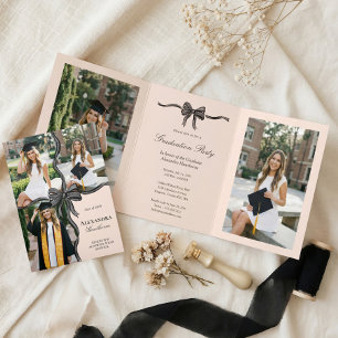 Elegant Stylish Black Bow Ribbon Photo Graduation Tri-Fold Invitation