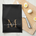 Elegant Stylish Black Gold Monogram Script Name Kitchen Towel<br><div class="desc">Modern Stylish Elegant Black Gold Monogram Script Name Kitchen Towel</div>