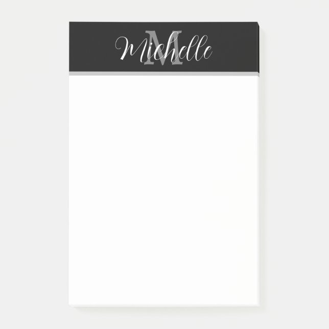 Elegant Stylish Black Grey Monogram Script Name  Post-it Notes (Front)