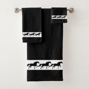 Elegant, Stylish Black Horses Silhouettes on Black Bath Towel Set