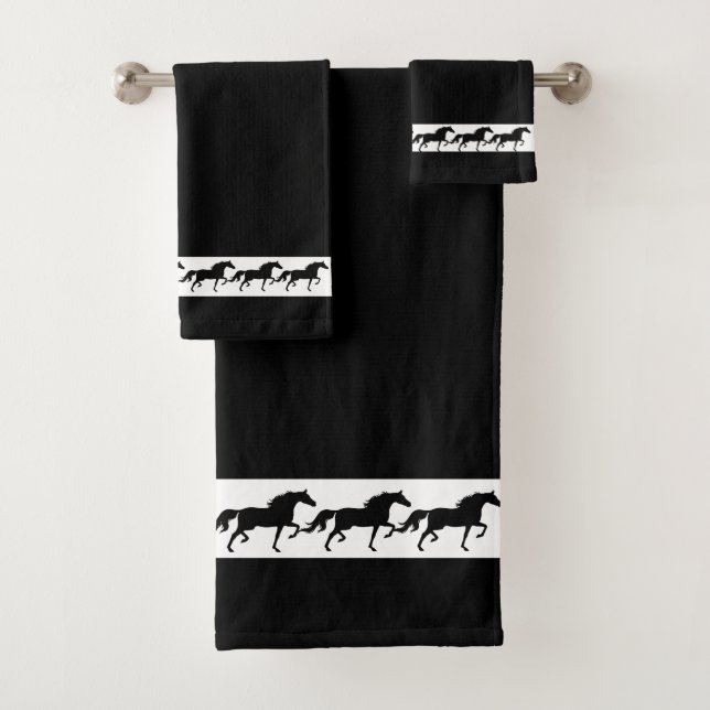Elegant, Stylish Black Horses Silhouettes on Black Bath Towel Set (Insitu)