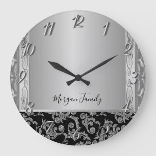 Elegant Stylish Black Silver Swirls Large Clock