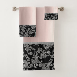 Elegant Stylish Black Silver Swirls Rose Gold Bath Towel Set