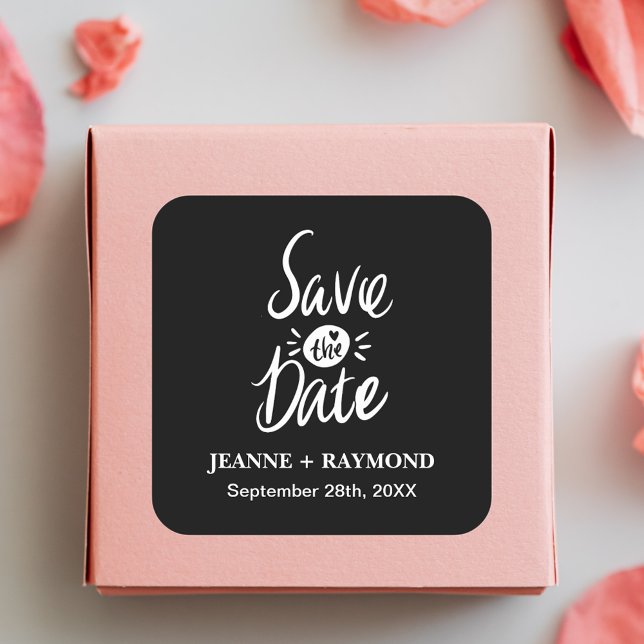 Elegant Stylish Black Wedding Save the date Square Sticker (Elegant black save the date square sticker adds stylish charm to your wedding invites)