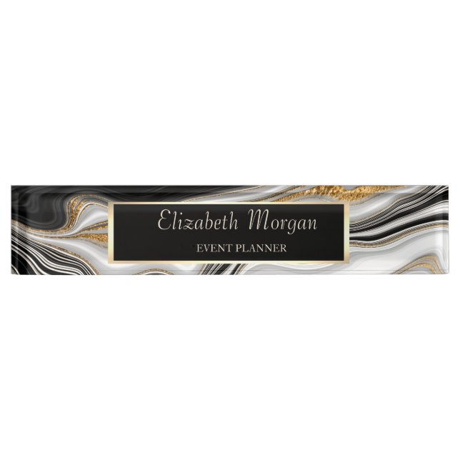 Elegant Stylish Black White Marble Nameplate (Front)