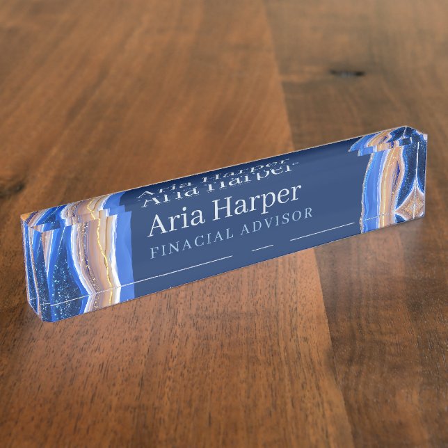 Elegant Stylish Blue Geode Glitter Agate Desk Nam Nameplate (Side)