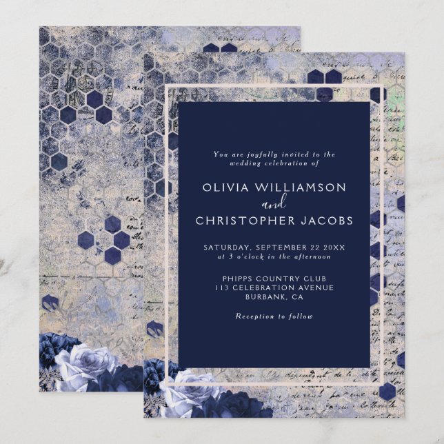 Elegant Stylish Blue Honeycomb Floral Wedding Invitation (Front/Back)