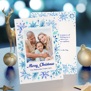 Elegant Stylish Blue Watercolor Snowflake Photo Holiday Card