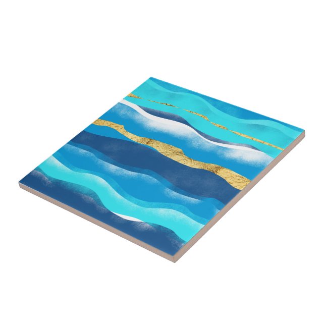 Elegant Stylish Boho Ocean Waves Blue Gold Foil Tile (Side)