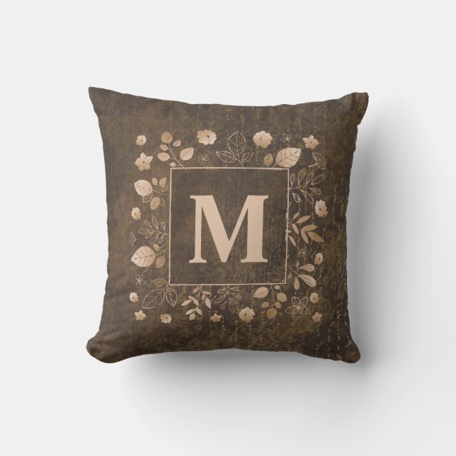 Elegant Stylish Brown Gold Leaves Monogram Porch Outdoor Pillow (Front)