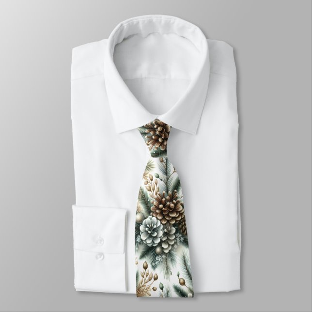 Elegant Stylish Brown Silver Pine Cones Pattern Tie (Tied)