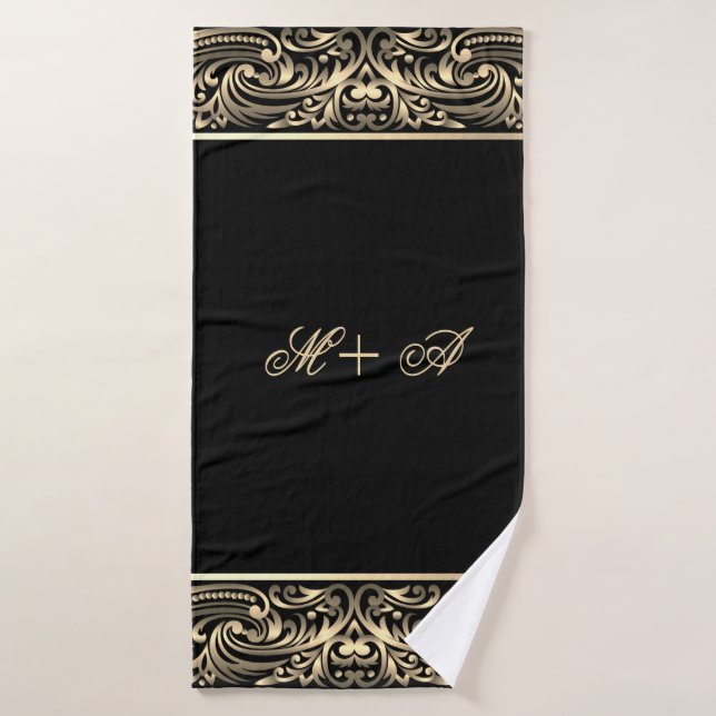 Elegant Stylish Chic Black Gold Swirls Monogram Bath Towel Set (Bath Towel)