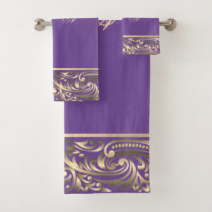 Elegant Stylish Chic Gold Swirls Monogram Violet Bath Towel Set