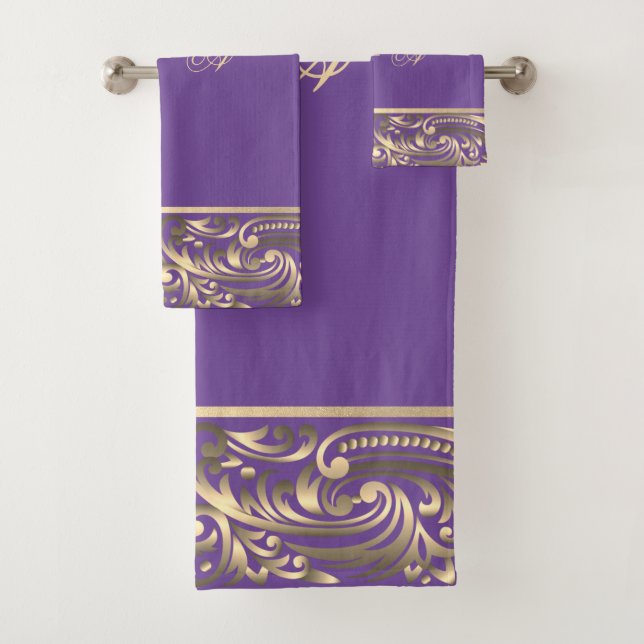 Elegant Stylish Chic Gold Swirls Monogram Violet  Bath Towel Set (Insitu)