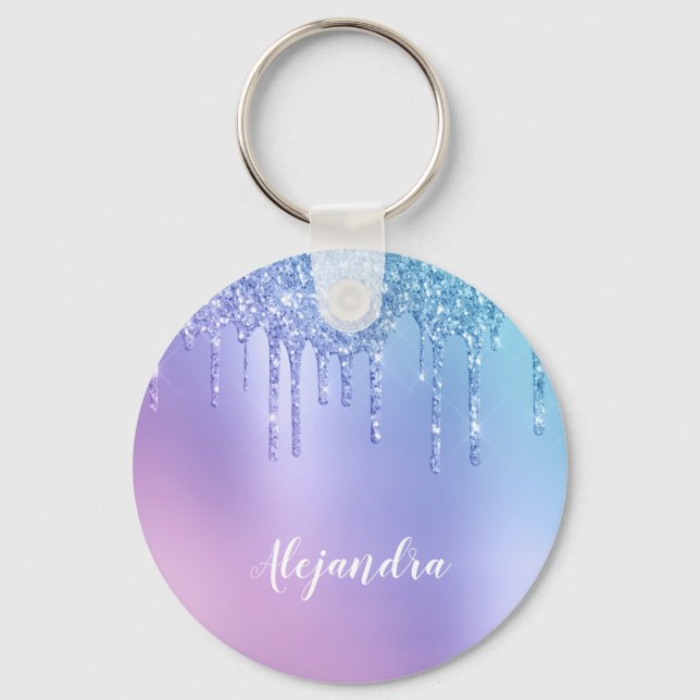 Elegant stylish chick blue & purple glitter drips keychain (Front)