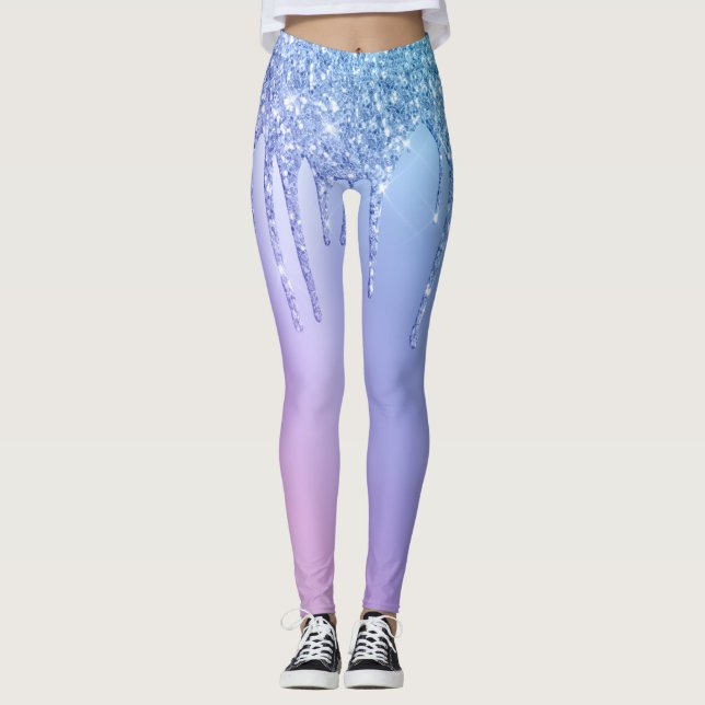 Elegant stylish chick blue & purple glitter drips leggings (Front)