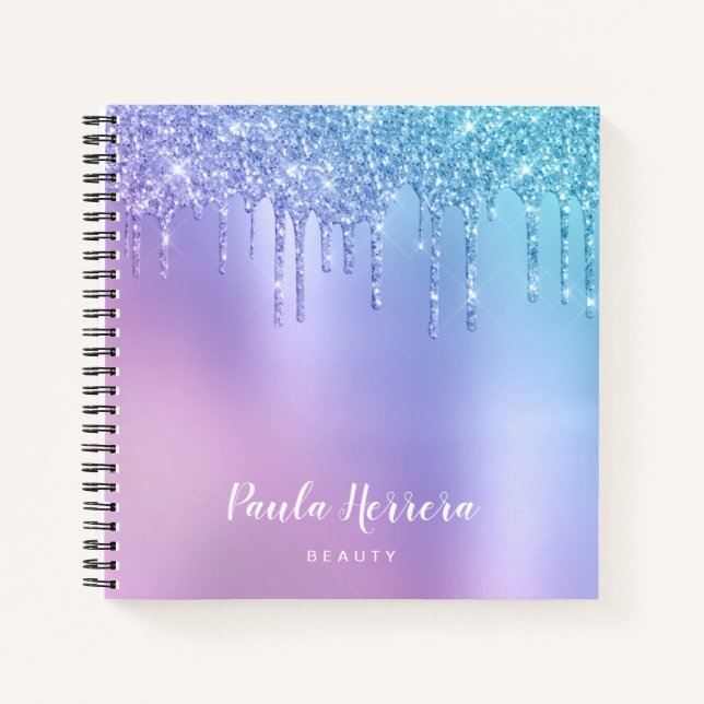 Elegant stylish chick blue & purple glitter drips notebook (Front)