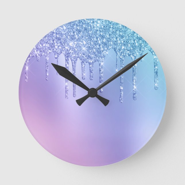 Elegant stylish chick blue & purple glitter drips round clock (Front)