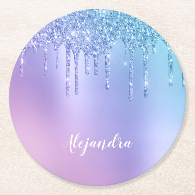 Elegant stylish chick blue & purple glitter drips round paper coaster (Front)