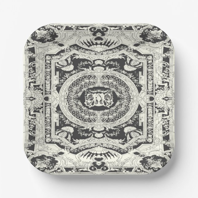 Elegant Stylish Classy Black White Baroque  Paper Plate (Front)